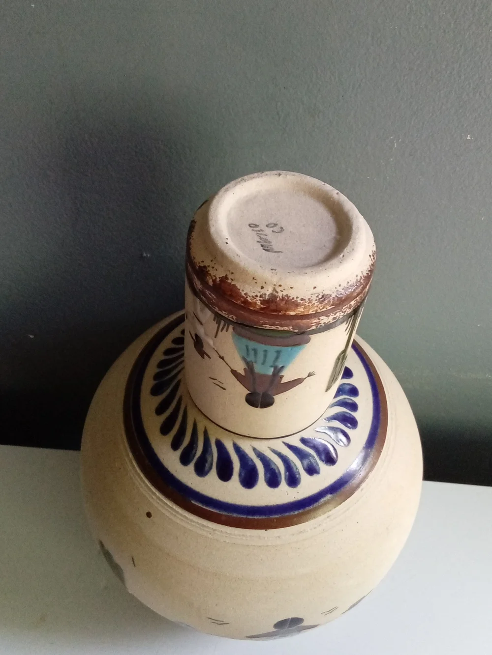 Vintage Tonala Mexican Pottery Carafe and Cup Set Hand Painted Folk Art Mexico